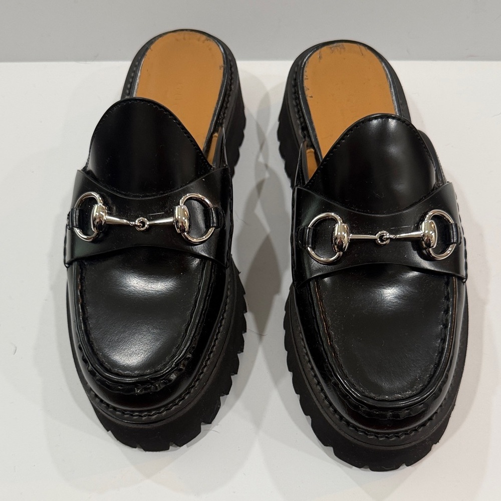 Gucci Black Leather Horsebit Platform Mules